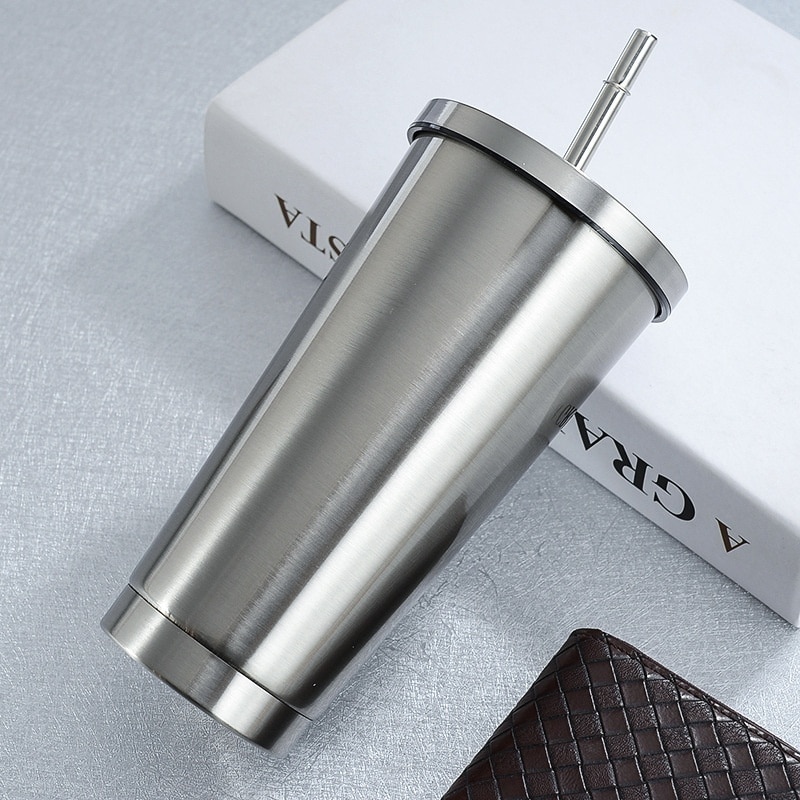 500ml Stainless Steel Coffee Mug with Lid Metal Cup Drink Straw