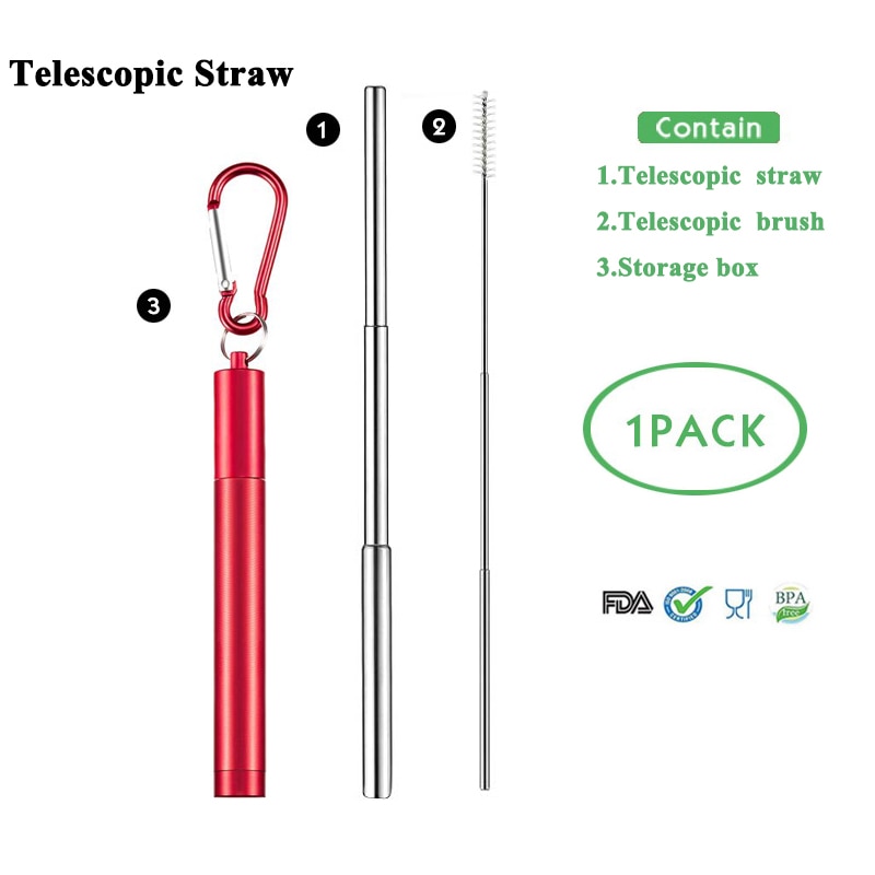 Telescopic Metal Drinking Straw Collapsible Reusable Straw Portable Stainless Steel Straw with Case and Brush for Travel Outdoor