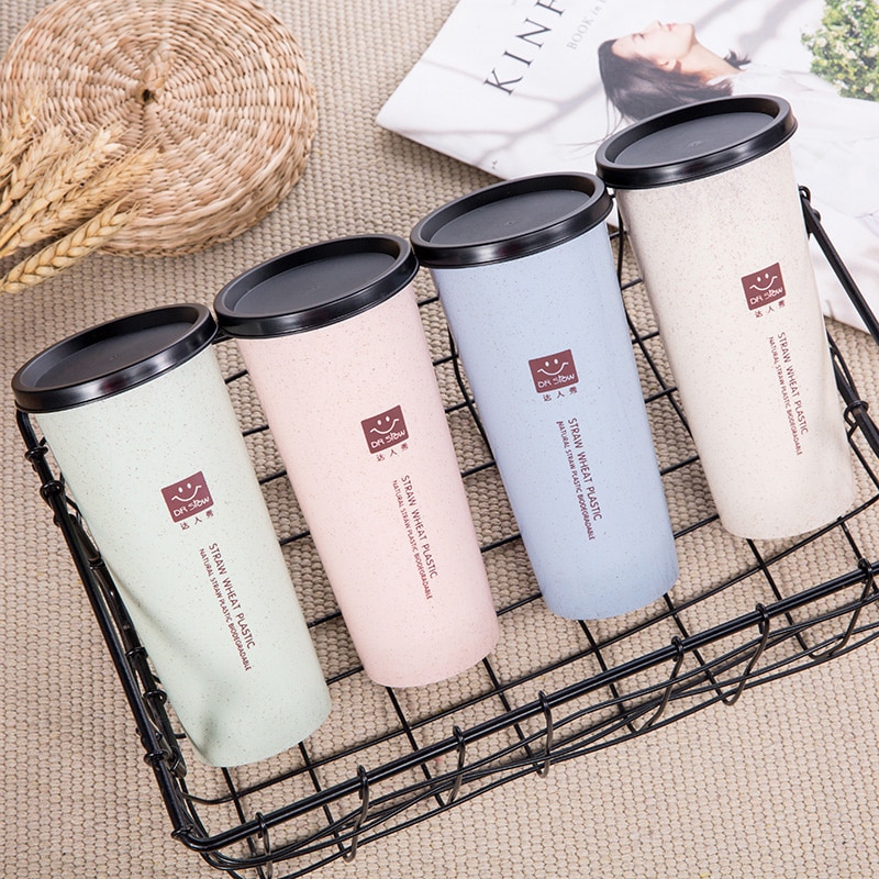 Portable Water Cup with Wheat Straws Double Lid Travel Drinking Bottle