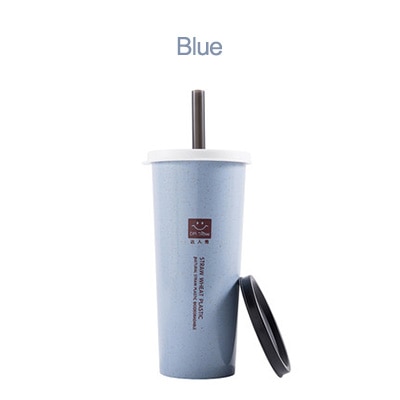 Portable Water Cup with Wheat Straws Double Lid Travel Drinking Bottle