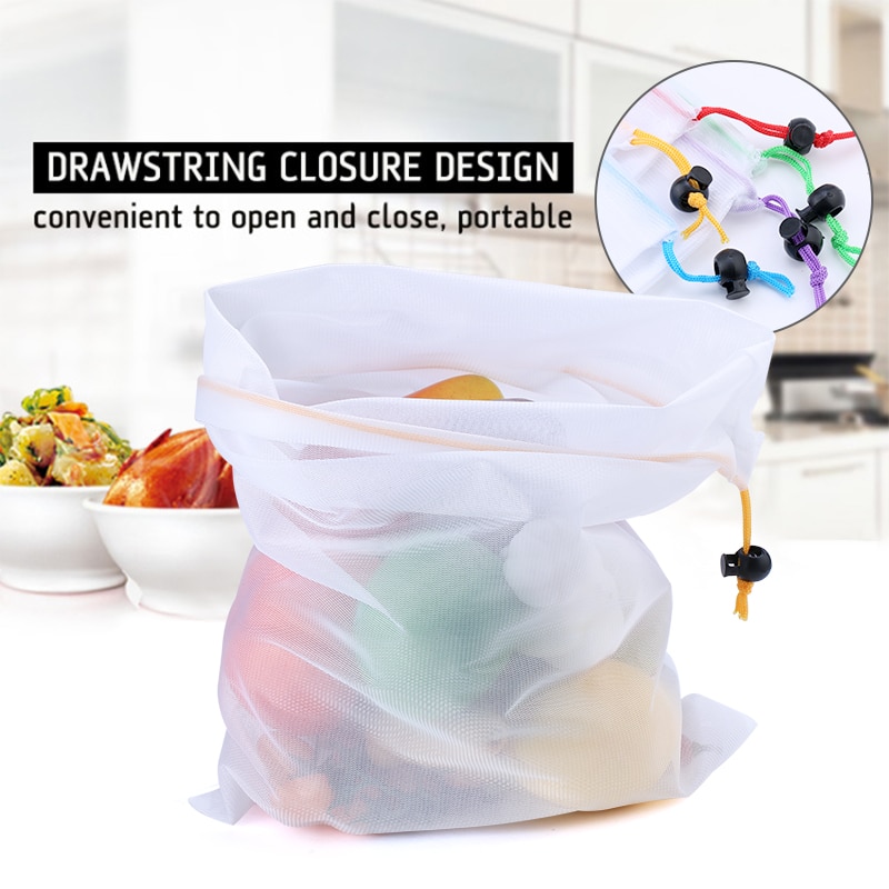 3/9/15pcs Reusable Vegetable Fruit Mesh Produce Bags Colorful Tape Washable Eco-Friendly Bags for Storage Toys Sundries